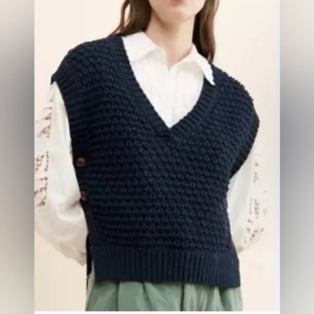 Anthropologie Maeve Knit V-neck Sweater Vest Navy Blue size small